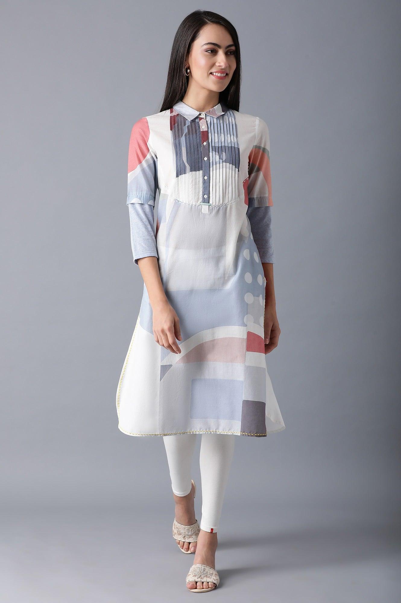 Blue Shirt Collar Printed kurta - wforwoman