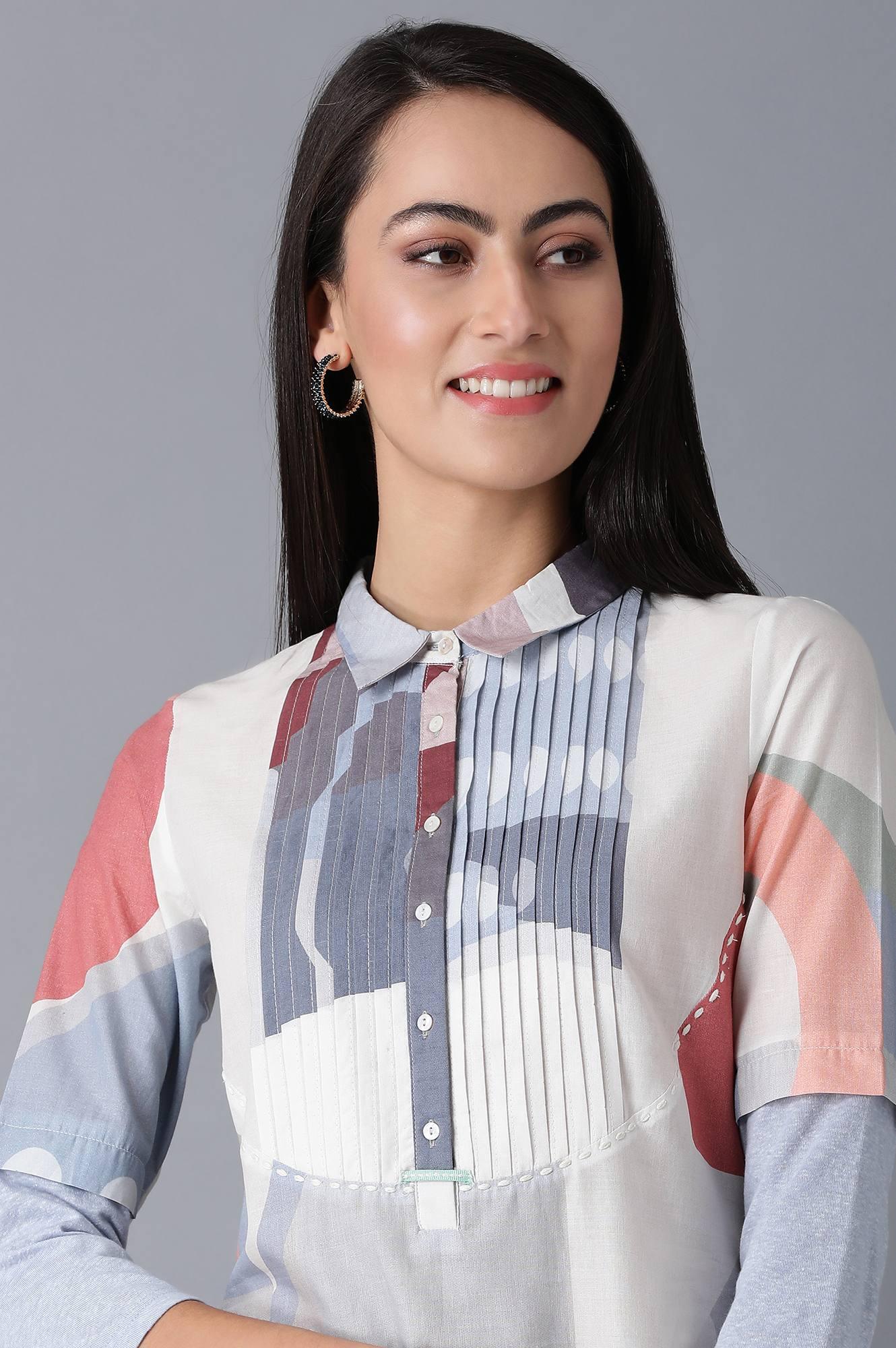 Blue Shirt Collar Printed kurta - wforwoman