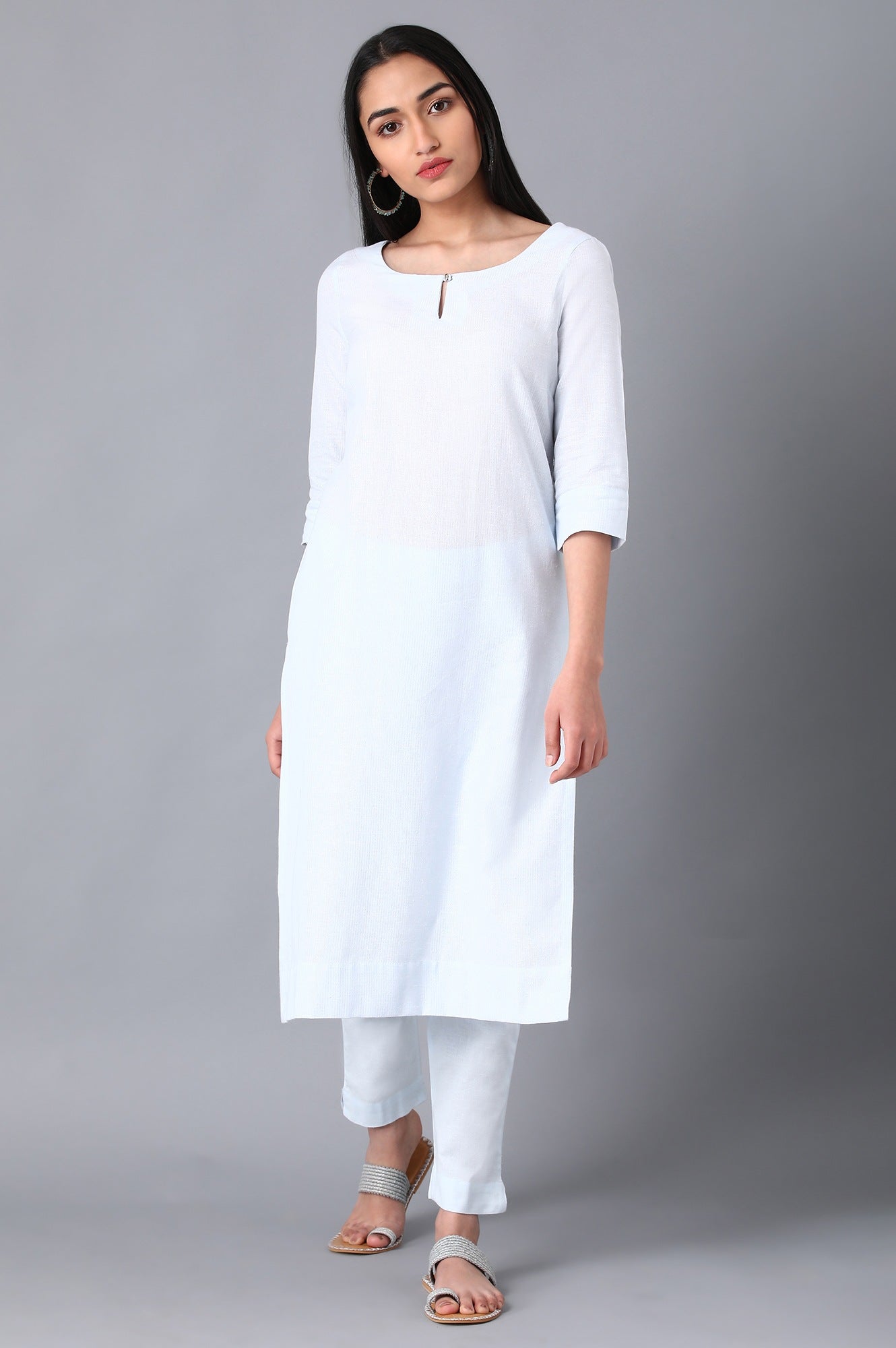 Blue Round Neck Solid kurta