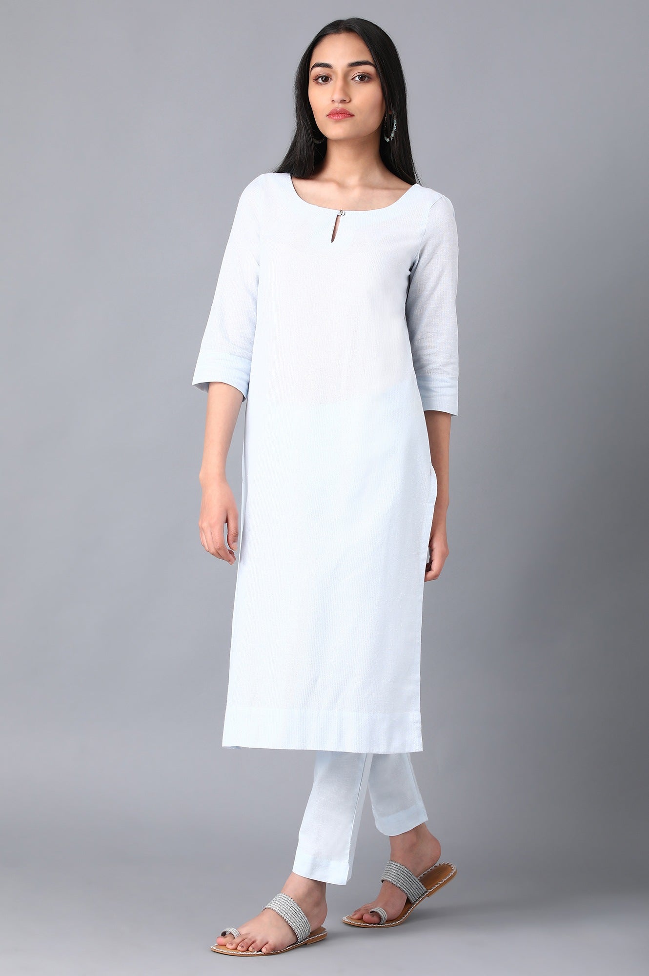 Blue Round Neck Solid kurta