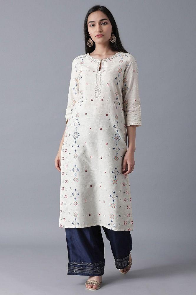 Off-White Printed Straight kurta - wforwoman