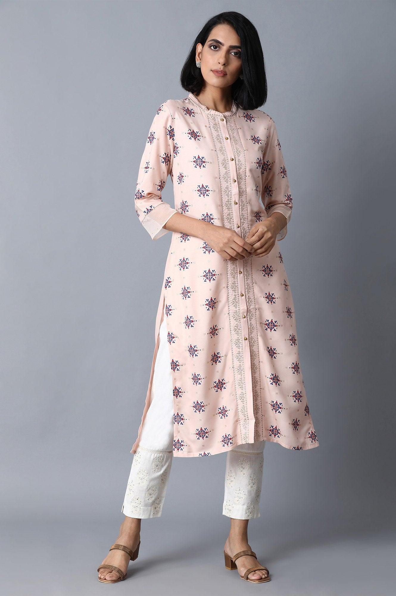 Peach Pink Placement Print kurta - wforwoman