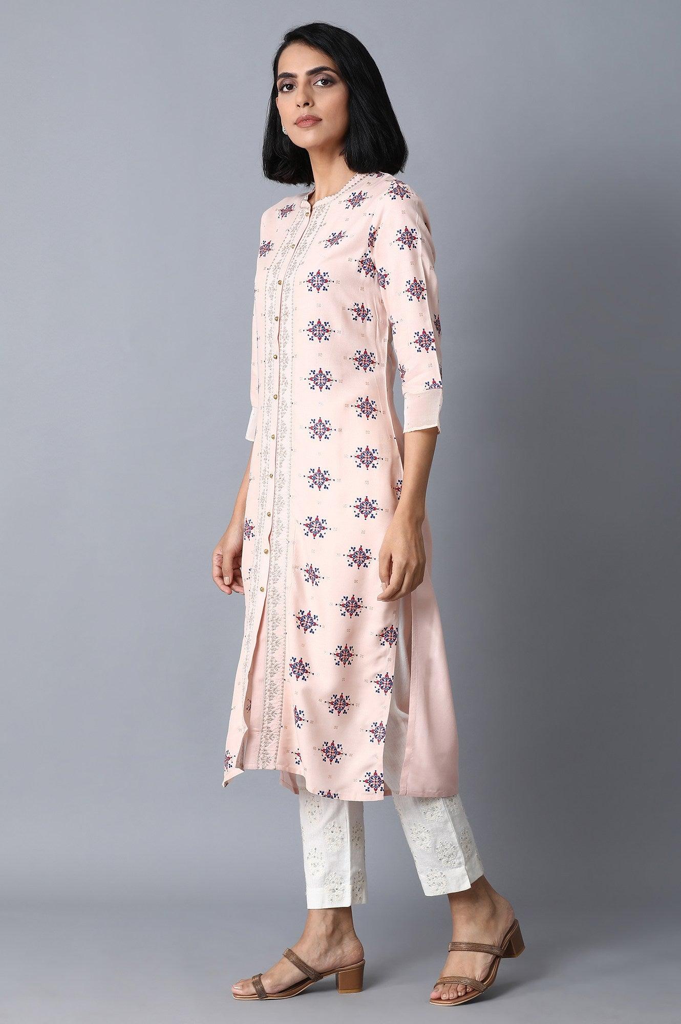 Peach Pink Placement Print kurta - wforwoman