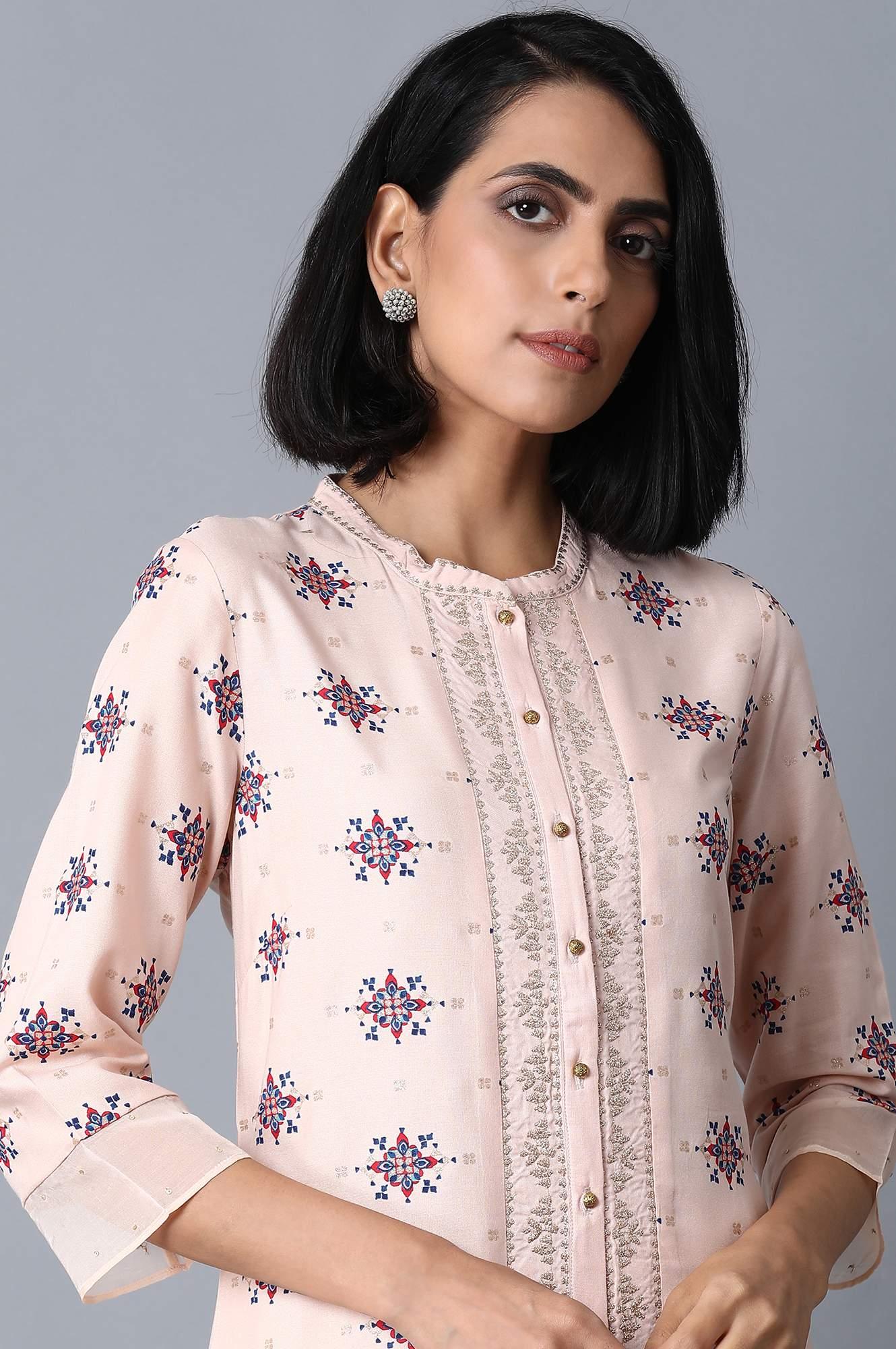 Peach Pink Placement Print kurta - wforwoman