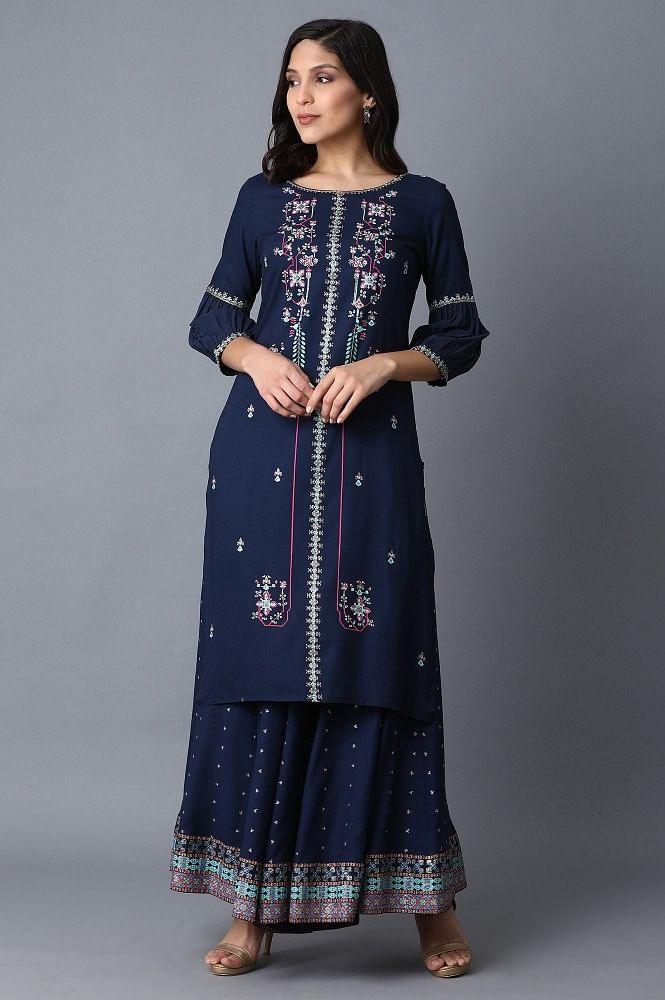 Dark Blue Placement Print kurta - wforwoman