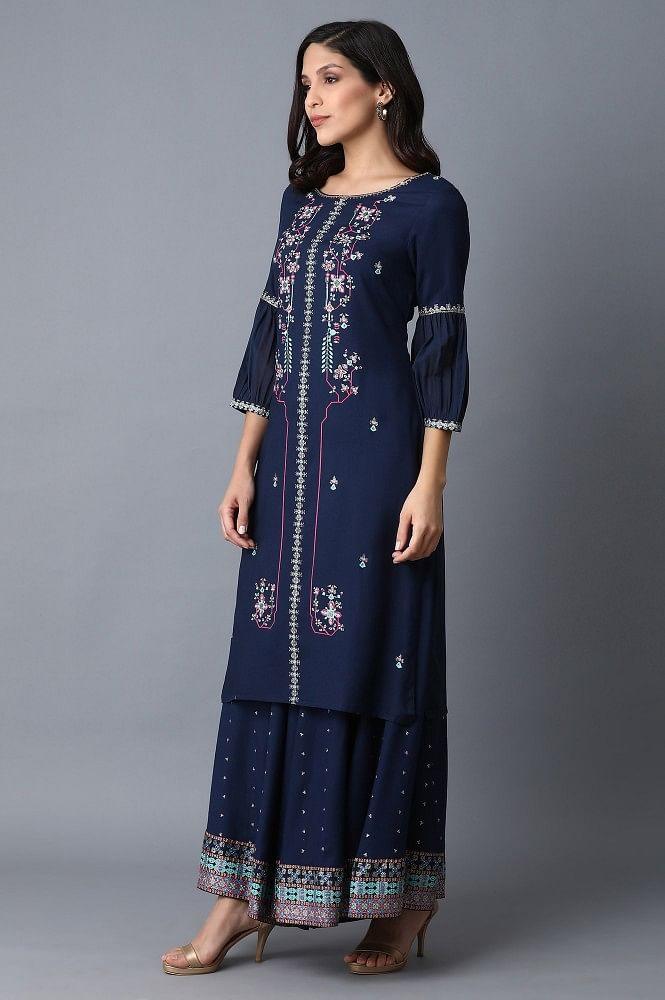 Dark Blue Placement Print kurta - wforwoman