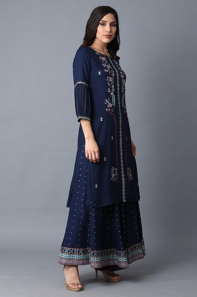 Dark Blue Placement Print kurta - wforwoman