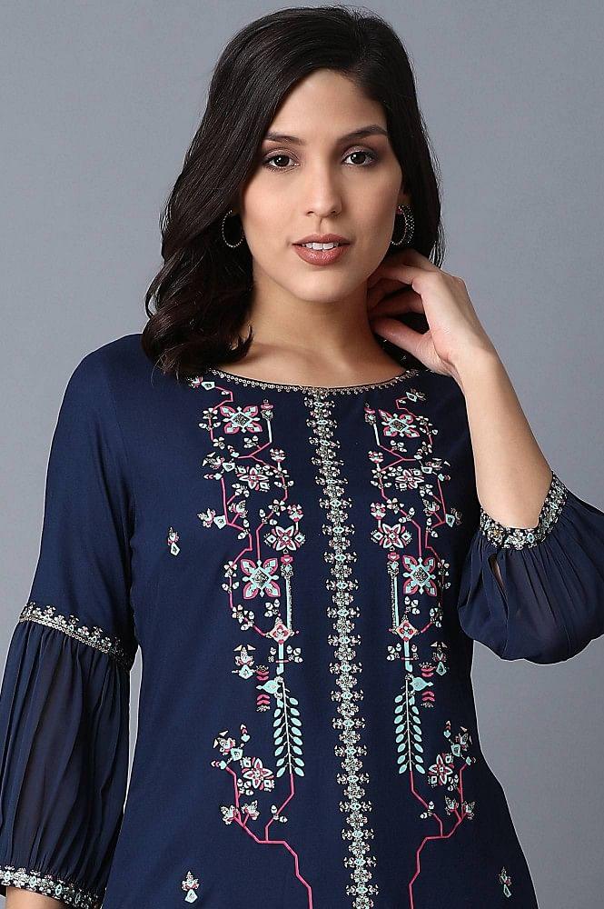 Dark Blue Placement Print kurta - wforwoman