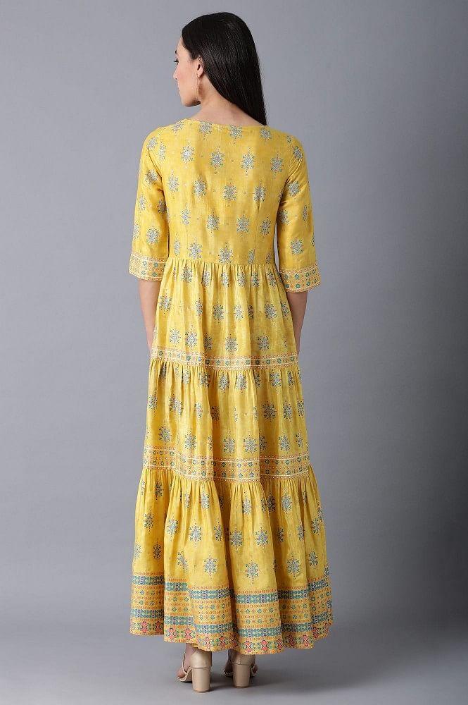 Yellow Round Neck Tiered Festive Dress - wforwoman
