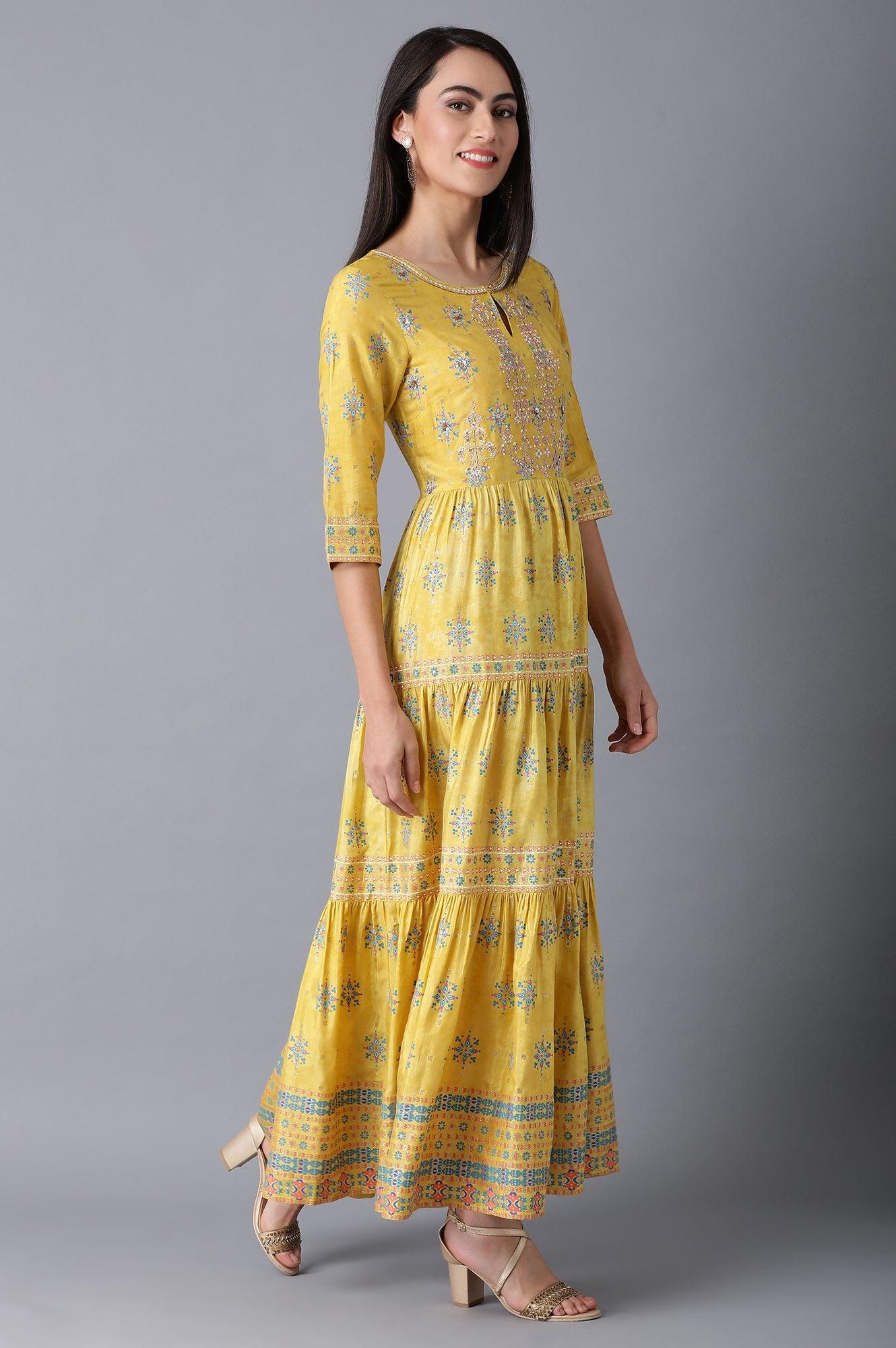 Yellow Round Neck Tiered Festive Dress - wforwoman