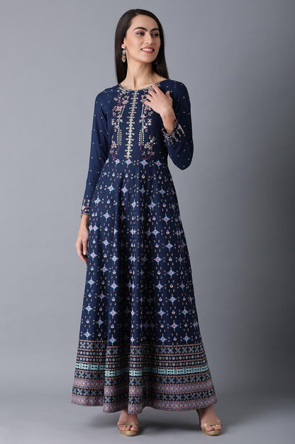 Blue Round Neck Festive Dress - wforwoman