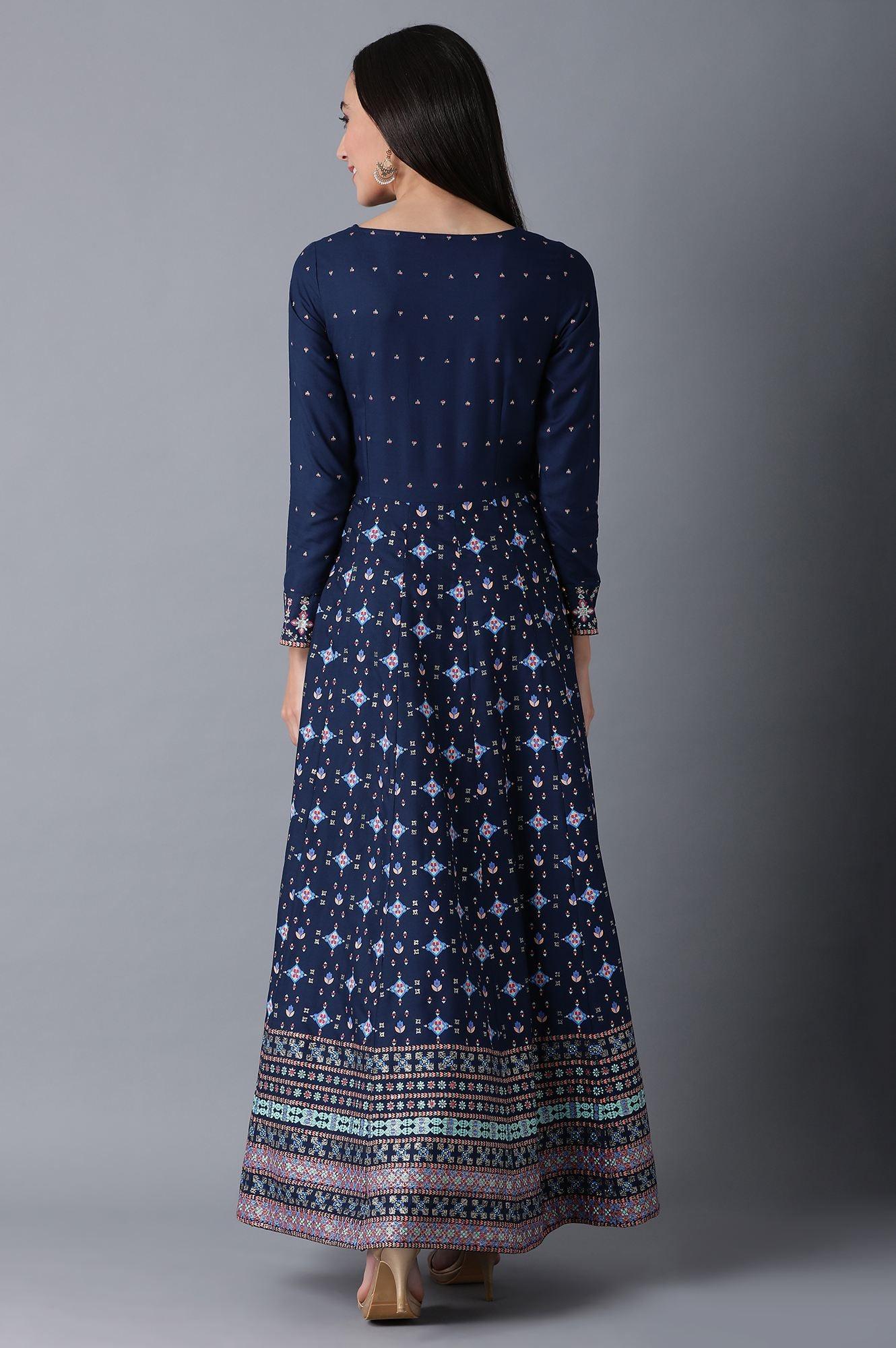 Blue Round Neck Festive Dress - wforwoman