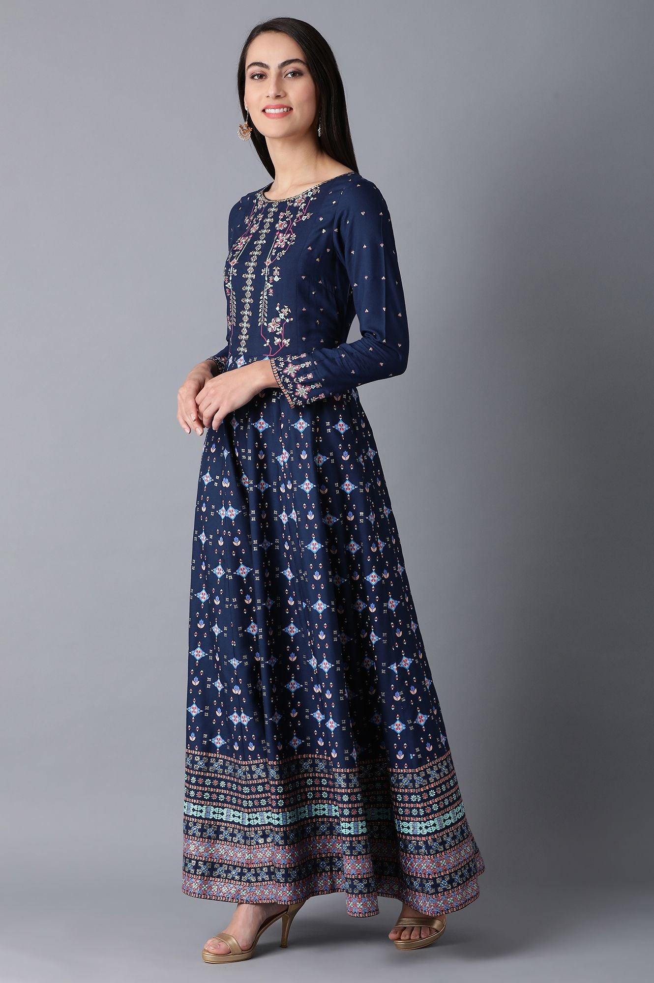 Blue Round Neck Festive Dress - wforwoman