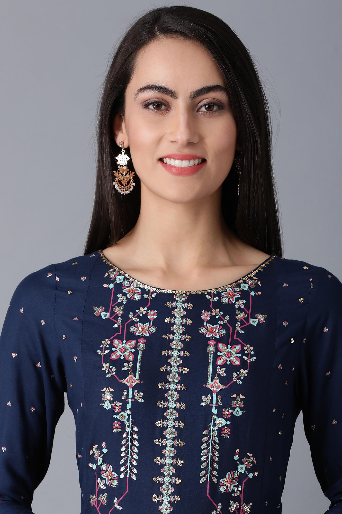 Blue Round Neck Festive Dress - wforwoman