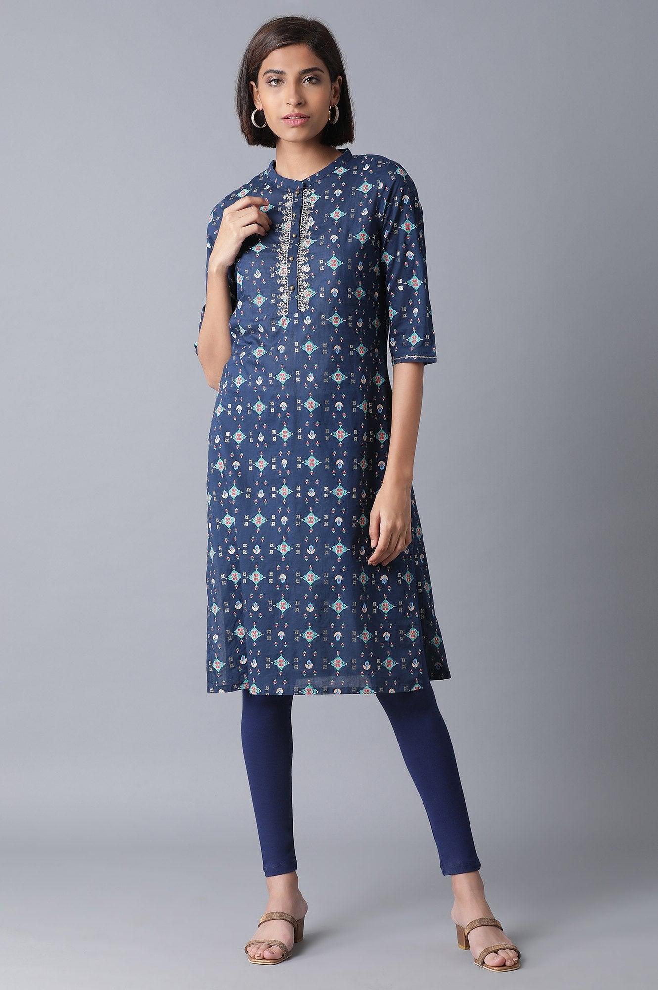 Iris Blue Straight Printed kurta - wforwoman