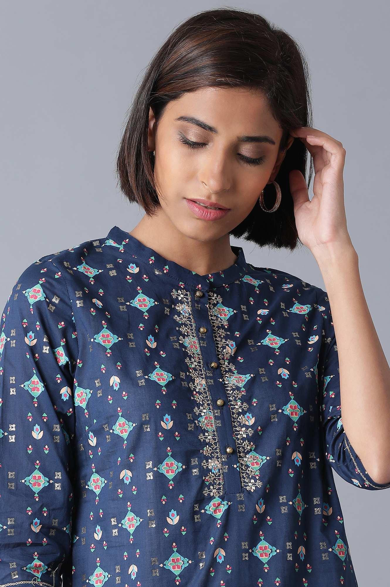 Iris Blue Straight Printed kurta - wforwoman