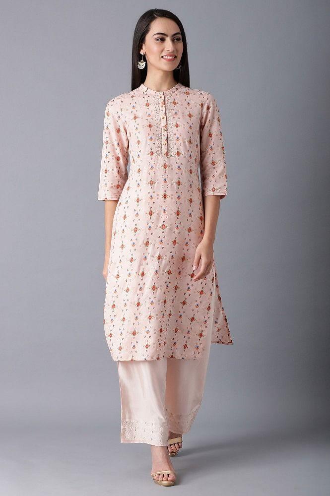 Peach Mandarin Neck Printed kurta - wforwoman