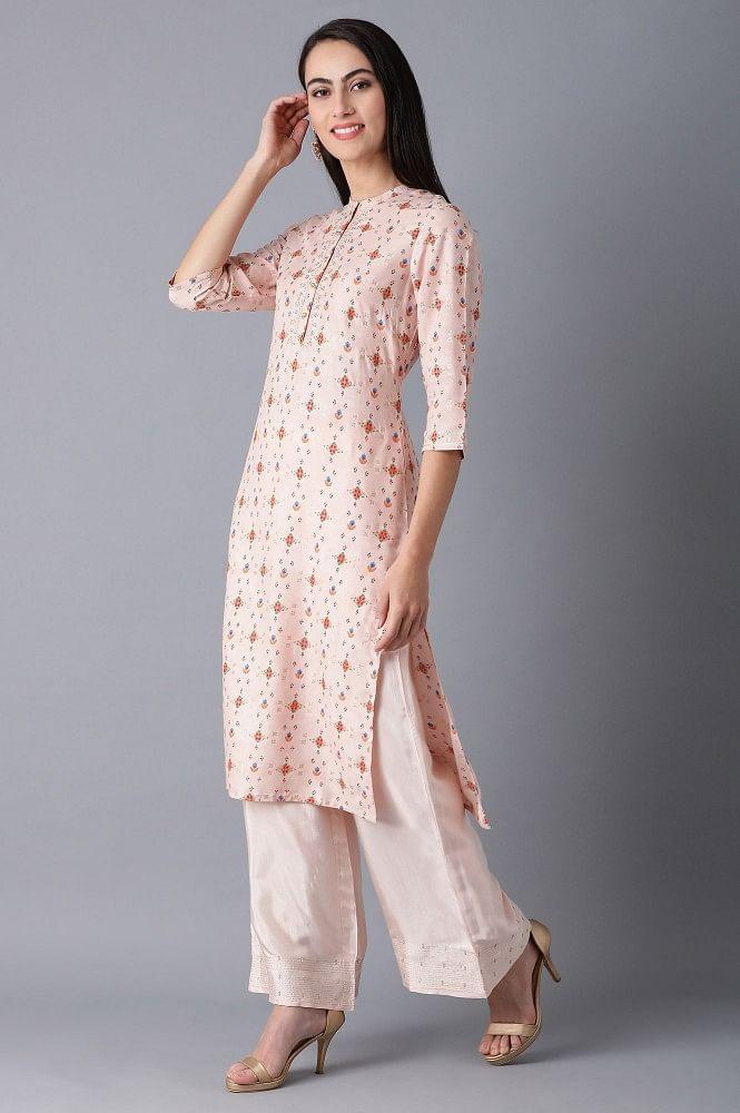 Peach Mandarin Neck Printed kurta - wforwoman