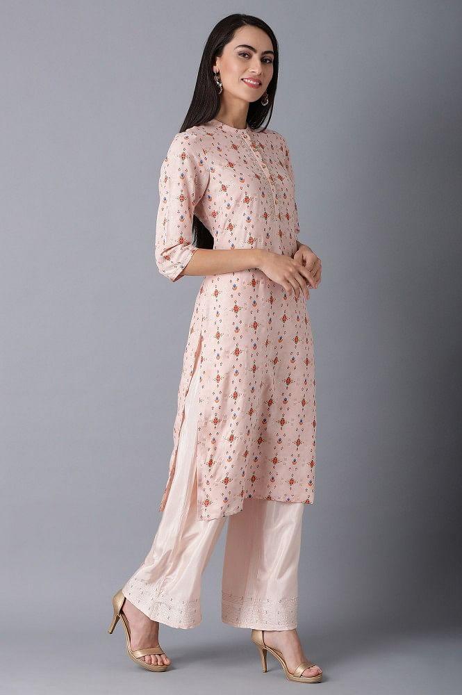 Peach Mandarin Neck Printed kurta - wforwoman