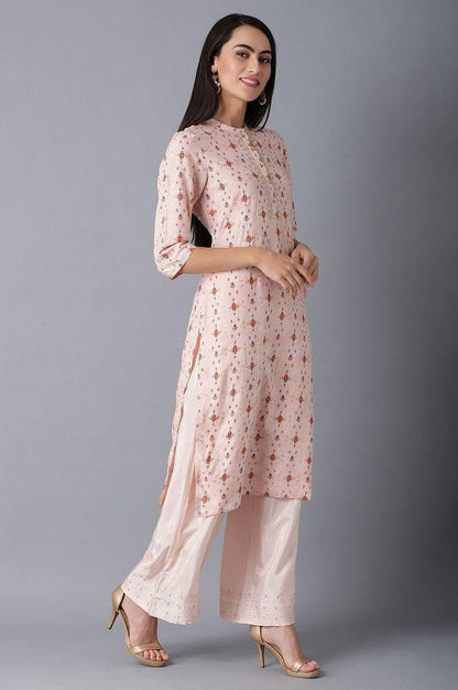 Peach Mandarin Neck Printed kurta - wforwoman