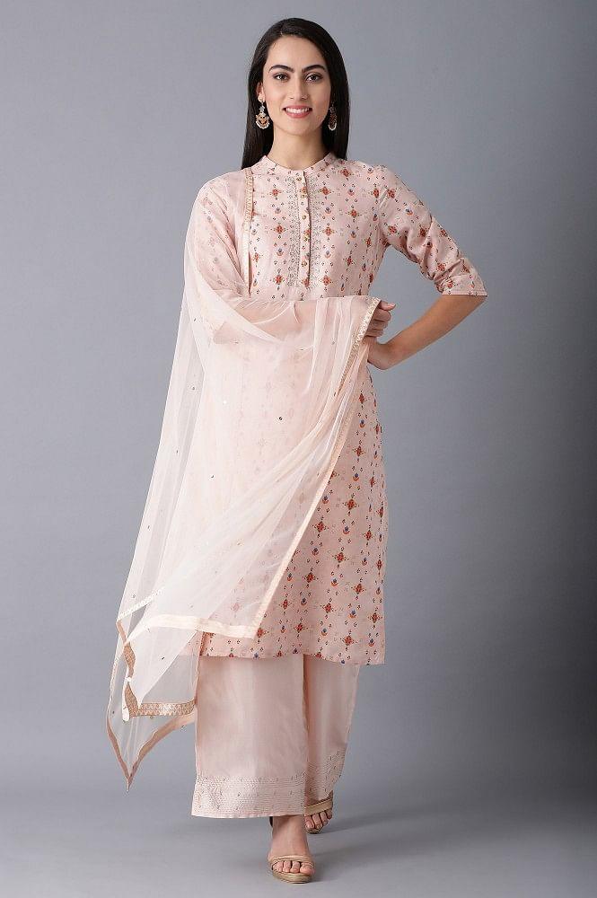 Peach Mandarin Neck Printed kurta - wforwoman