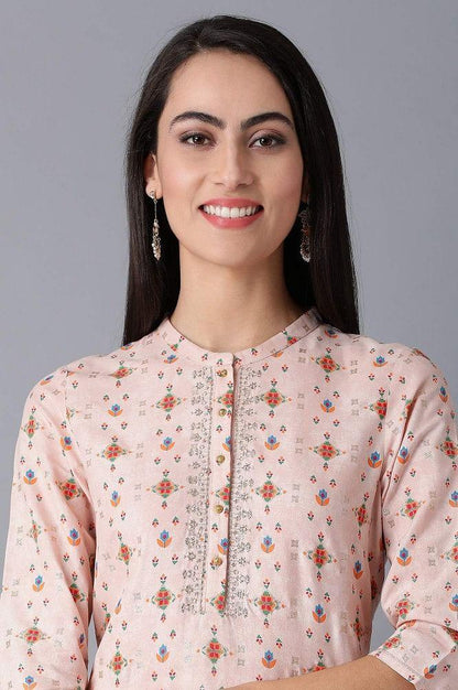 Peach Mandarin Neck Printed kurta - wforwoman