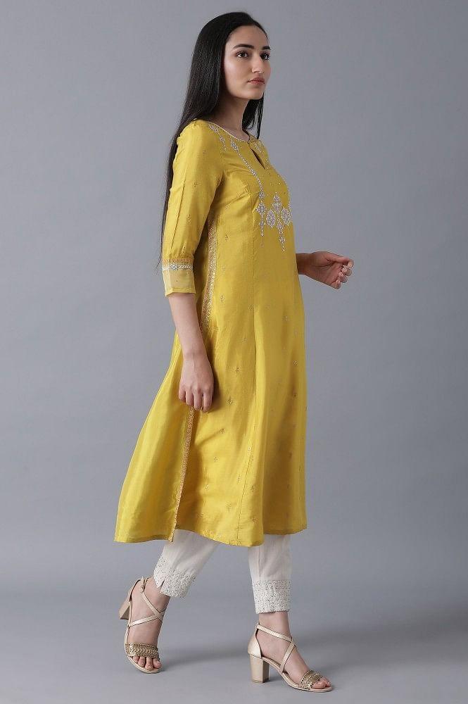 Yellow Embroidered A-line kurta - wforwoman
