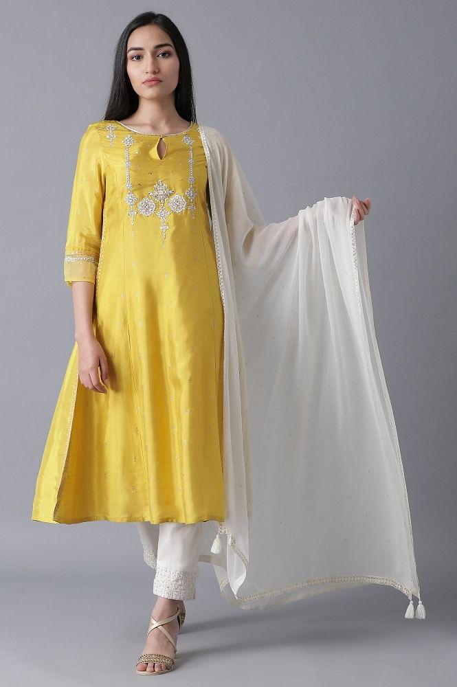 Yellow Embroidered A-line kurta - wforwoman