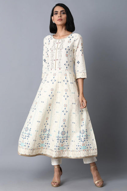 Ecru Placement Print A-Line kurta - wforwoman