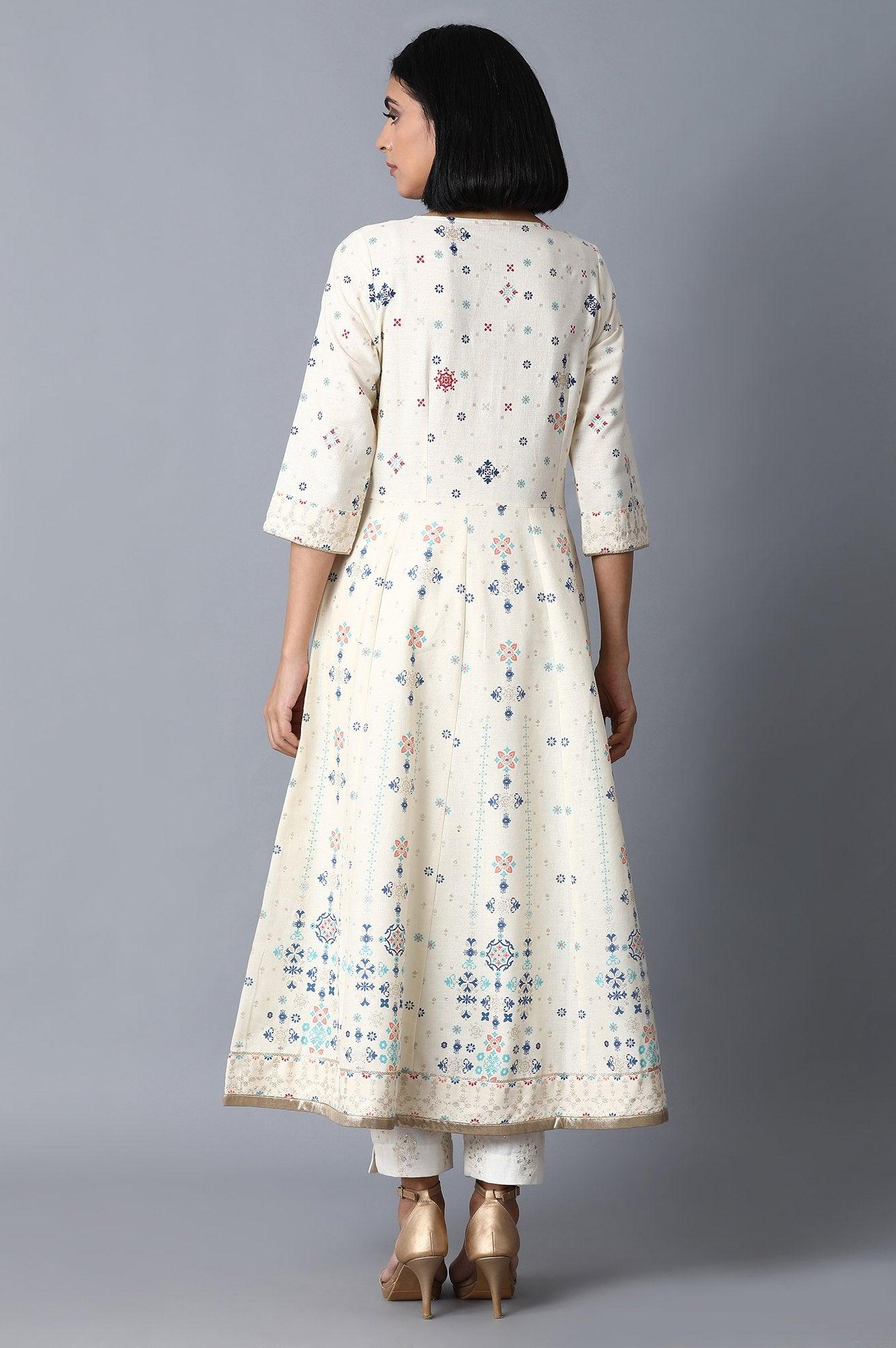 Ecru Placement Print A-Line kurta - wforwoman