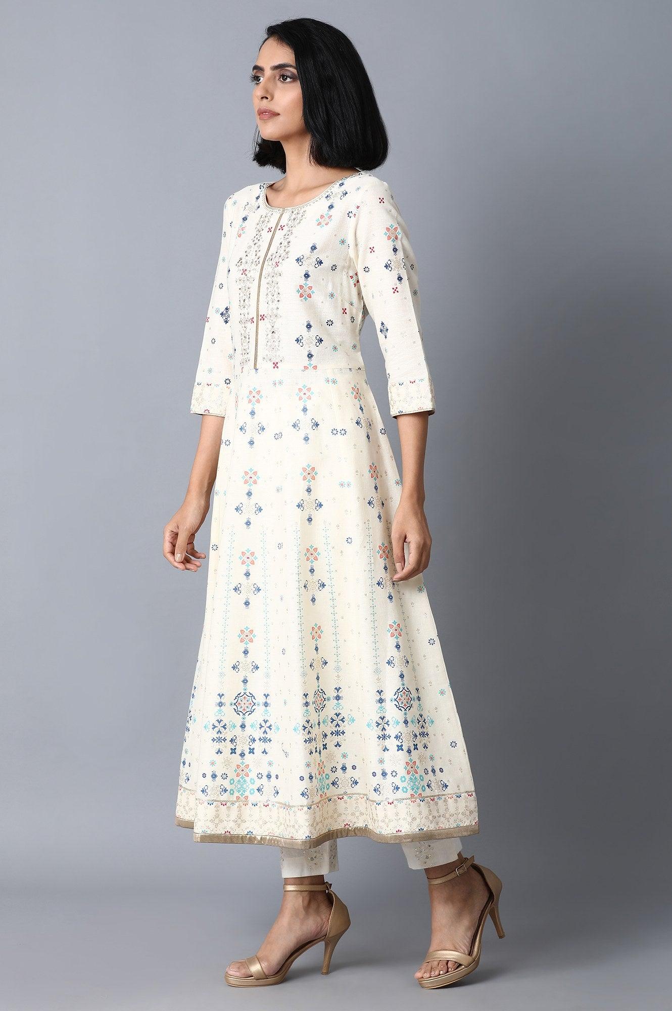 Ecru Placement Print A-Line kurta - wforwoman