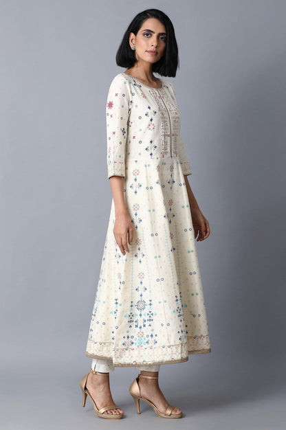 Ecru Placement Print A-Line kurta - wforwoman