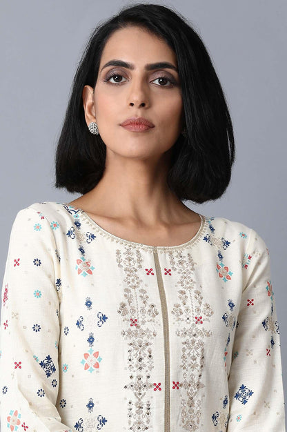 Ecru Placement Print A-Line kurta - wforwoman