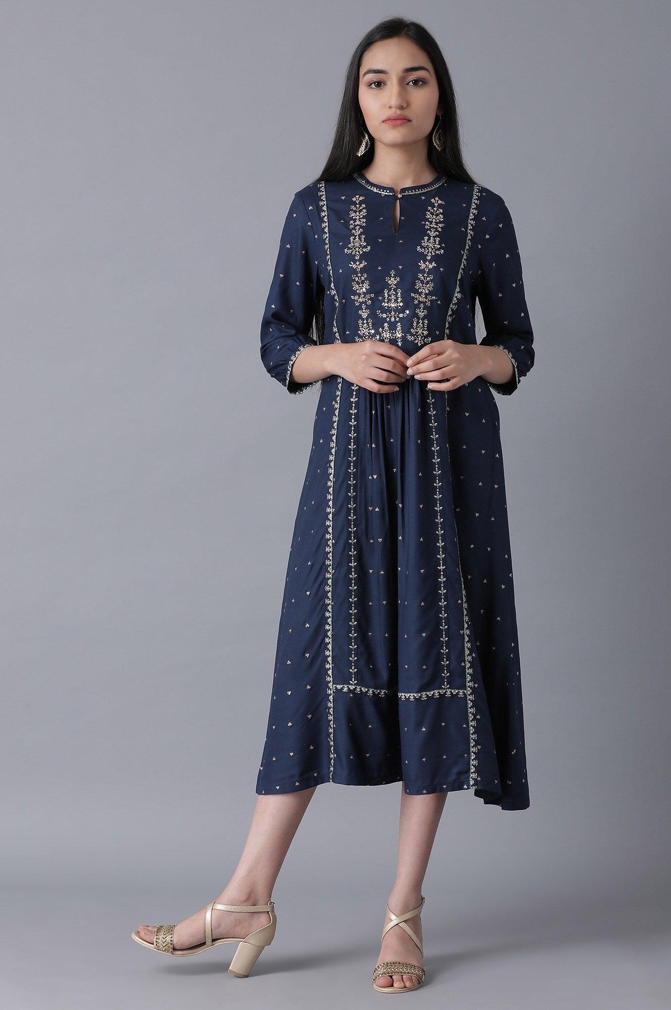 Navy Blue Embroidered A-Line Dress - wforwoman