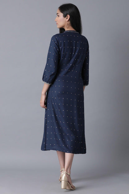 Navy Blue Embroidered A-Line Dress - wforwoman