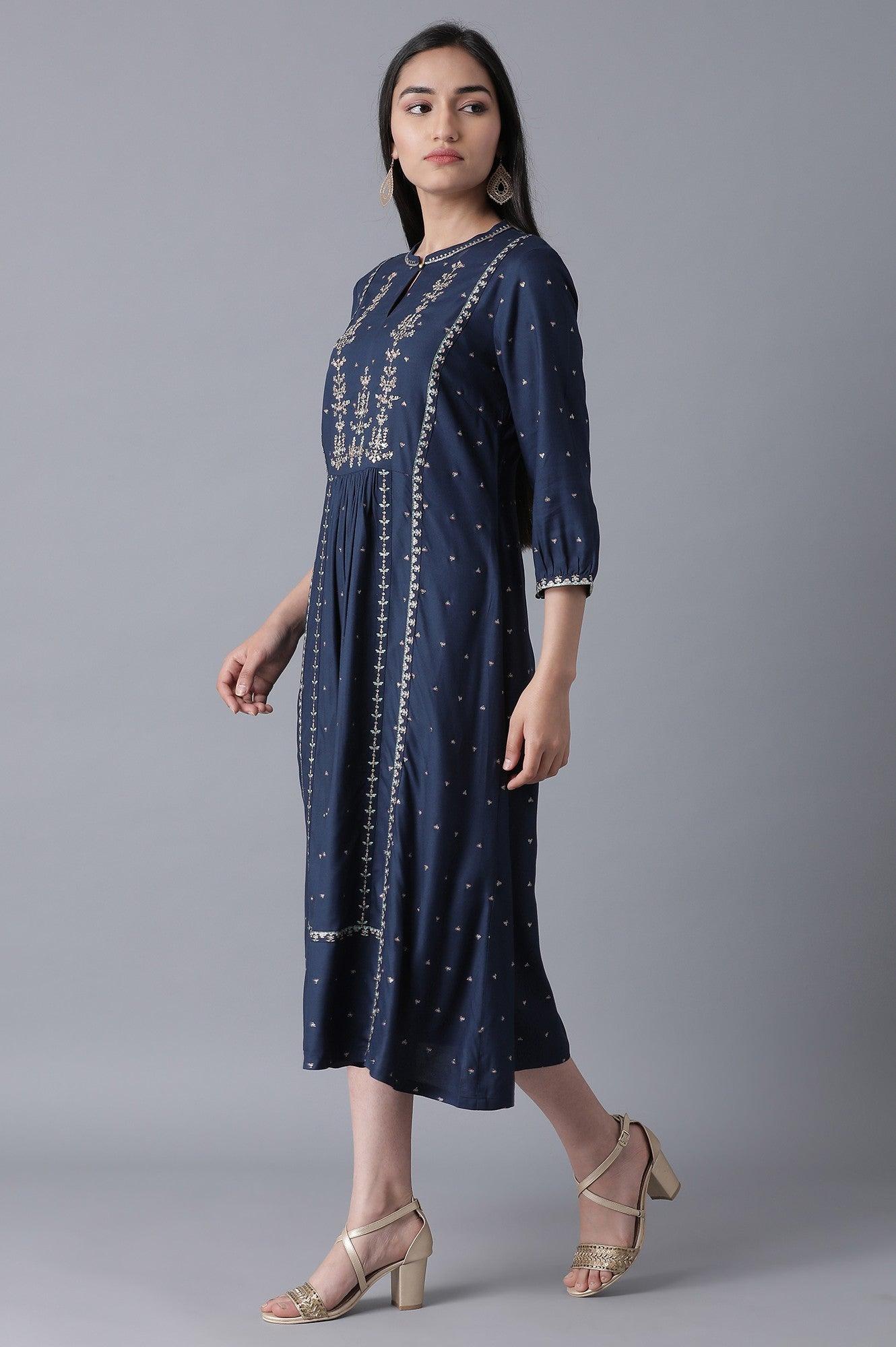 Navy Blue Embroidered A-Line Dress - wforwoman