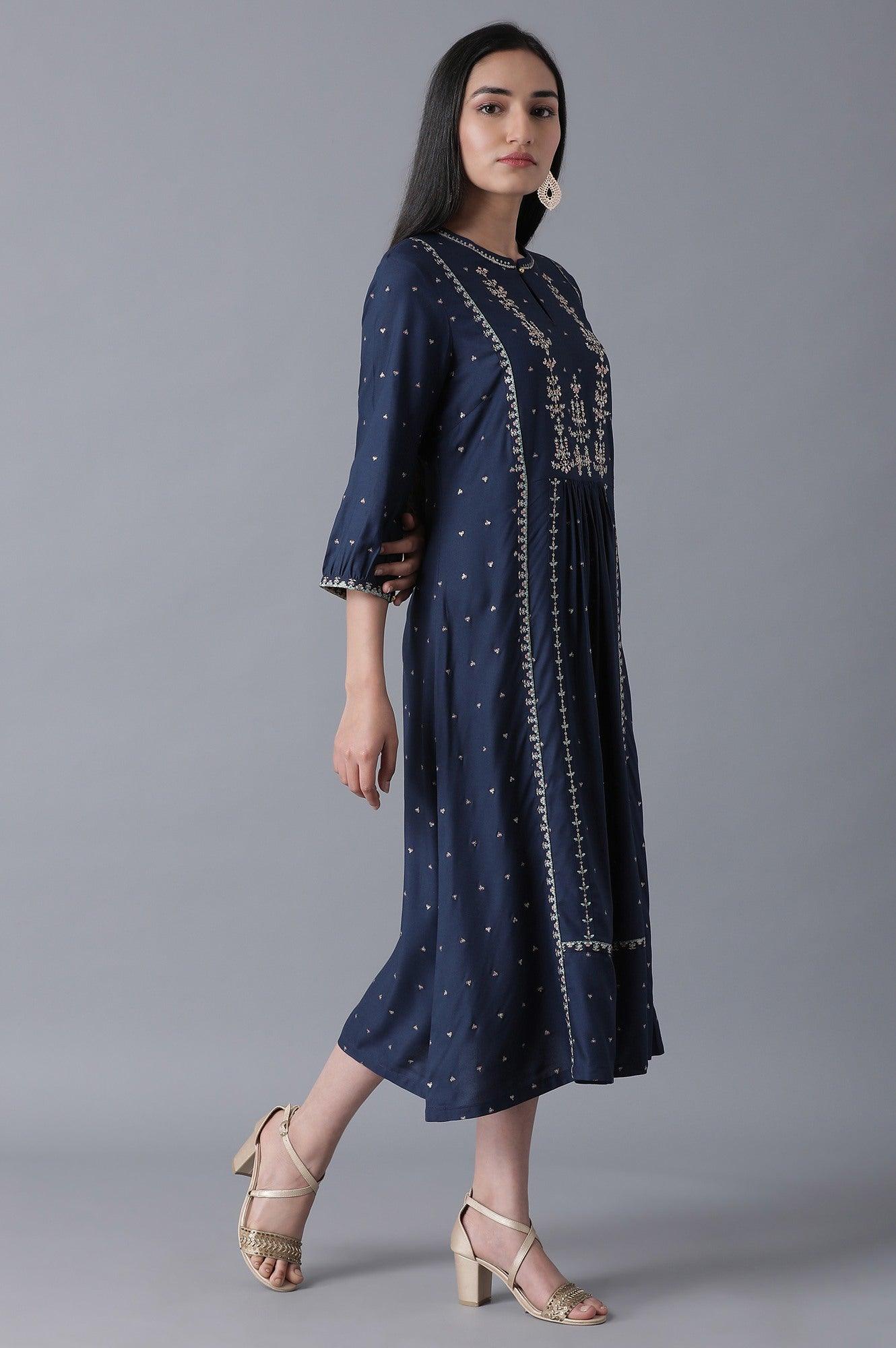 Navy Blue Embroidered A-Line Dress - wforwoman