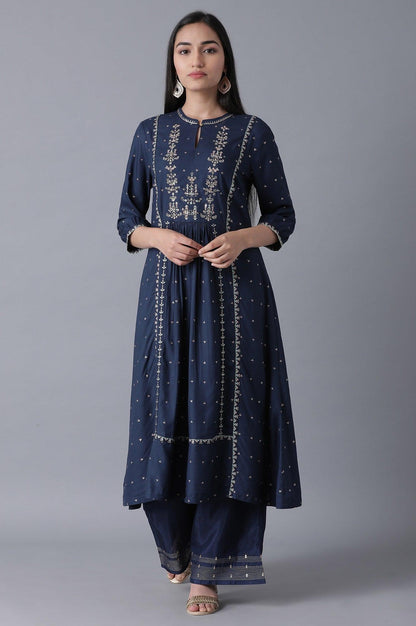 Navy Blue Embroidered A-Line Dress - wforwoman