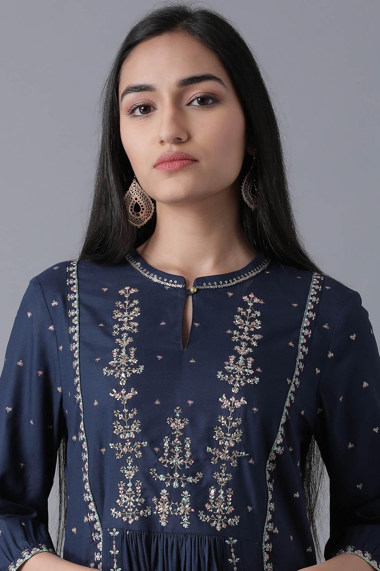 Navy Blue Embroidered A-Line Dress - wforwoman