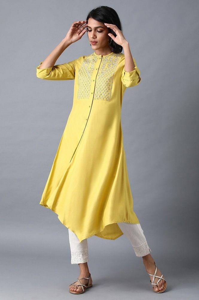 Yellow Mandarin Neck Embroidered kurta - wforwoman