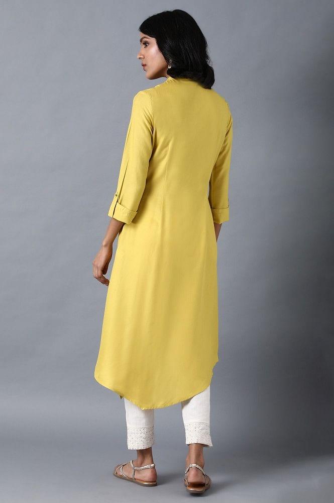 Yellow Mandarin Neck Embroidered kurta - wforwoman