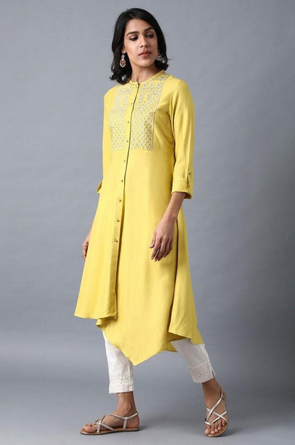 Yellow Mandarin Neck Embroidered kurta - wforwoman