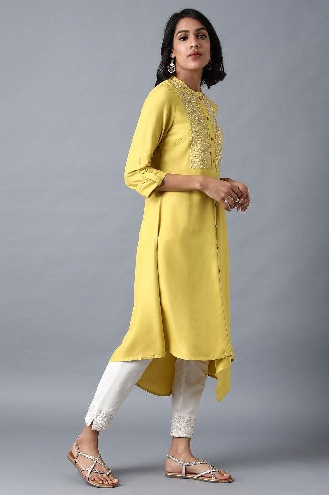 Yellow Mandarin Neck Embroidered kurta - wforwoman