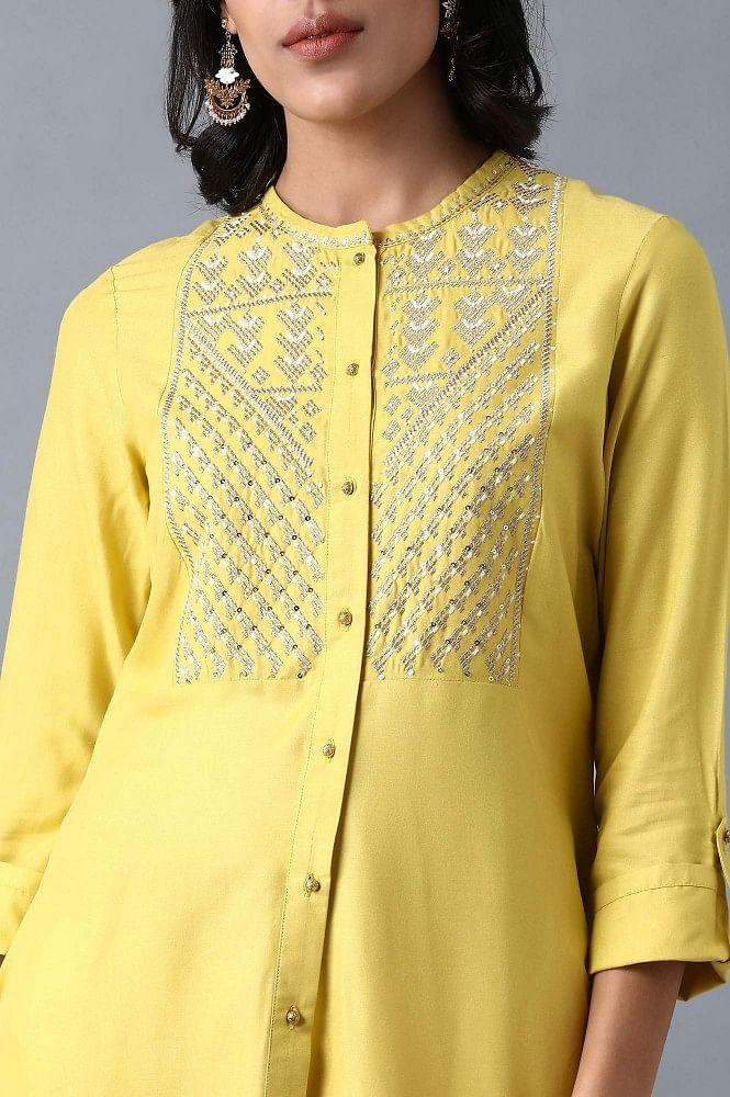 Yellow Mandarin Neck Embroidered kurta - wforwoman