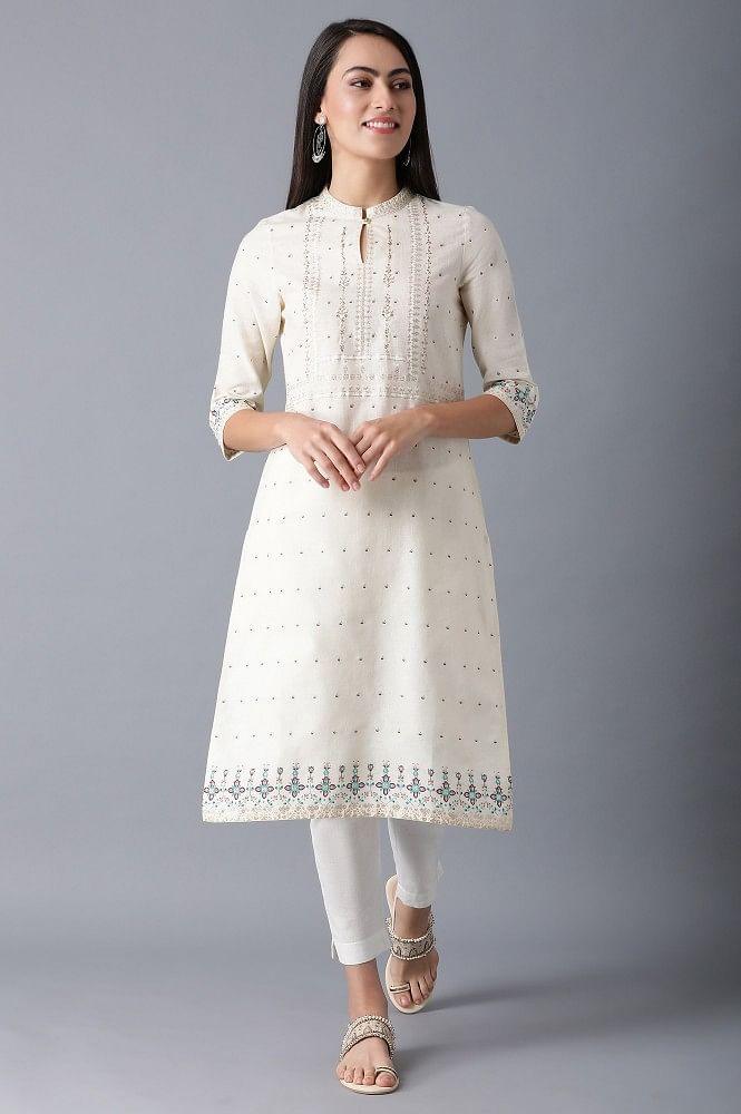 White Mandarin Neck Embroidered kurta - wforwoman