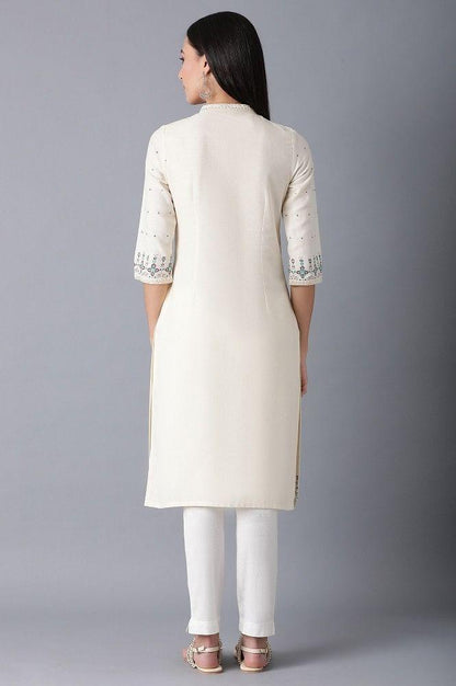 White Mandarin Neck Embroidered kurta - wforwoman