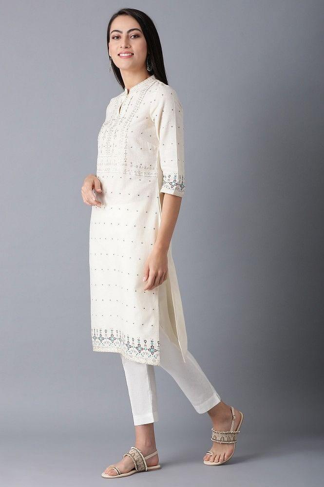 White Mandarin Neck Embroidered kurta - wforwoman