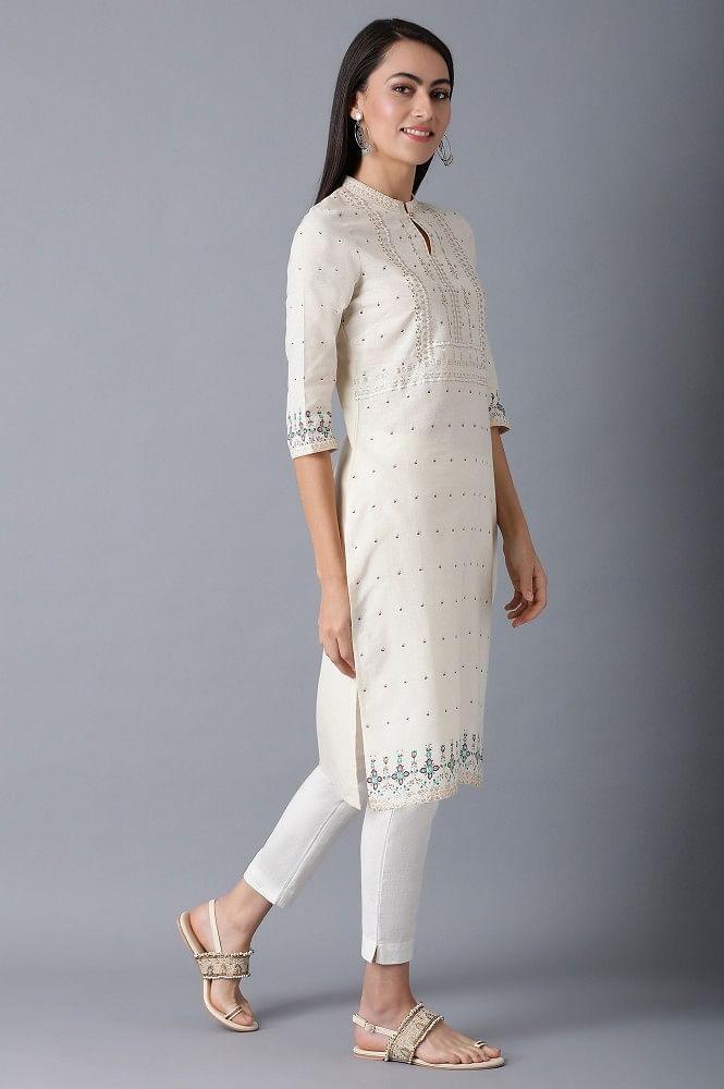 White Mandarin Neck Embroidered kurta - wforwoman