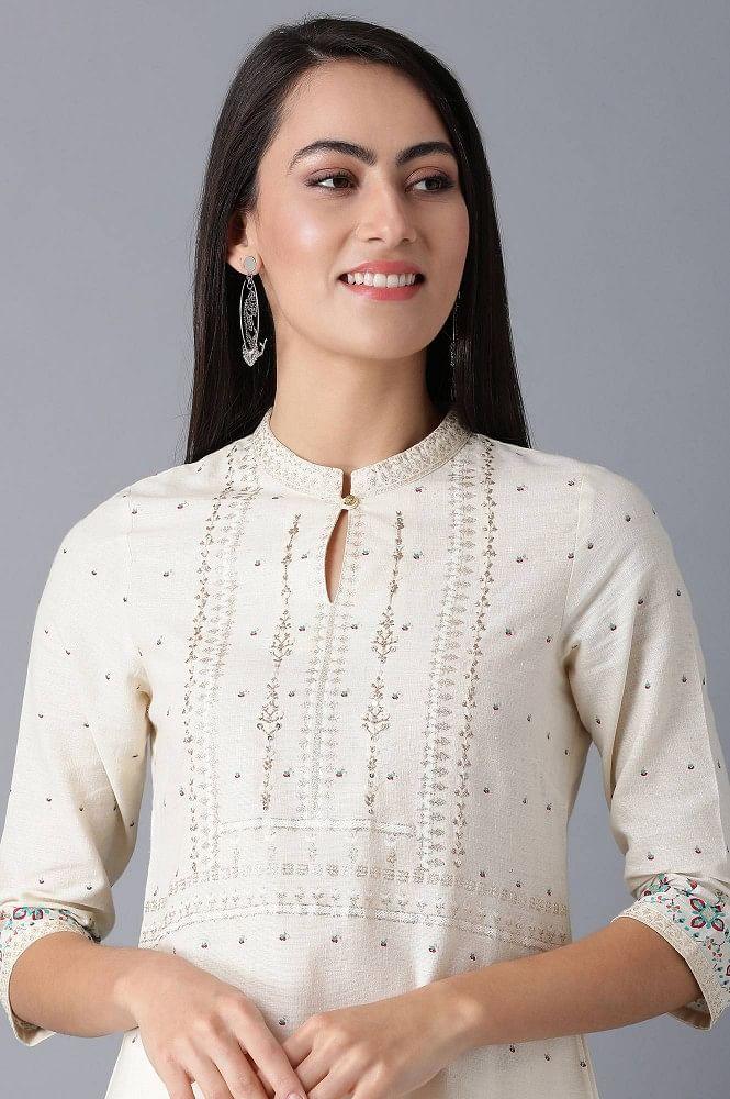 White Mandarin Neck Embroidered kurta - wforwoman