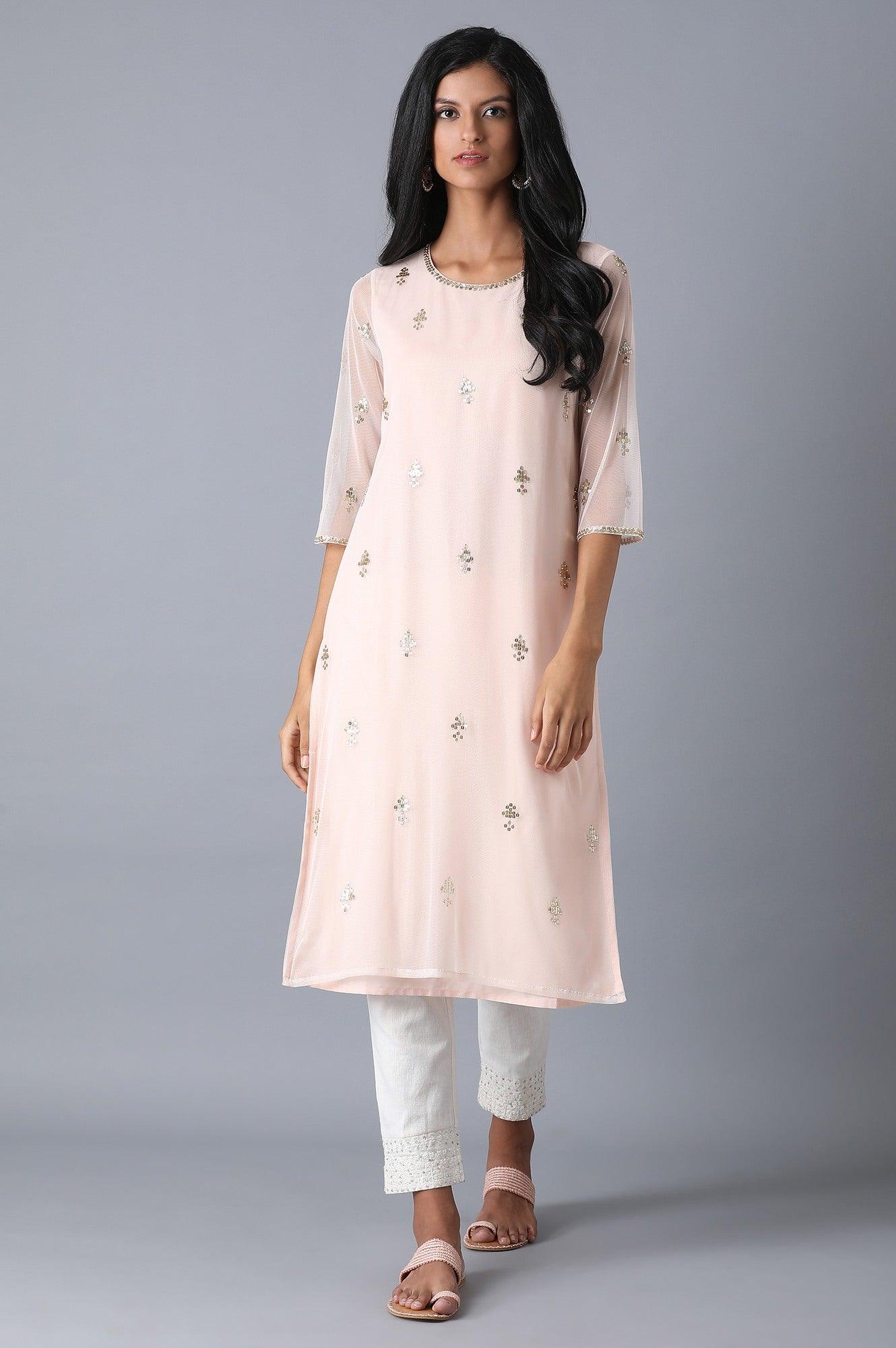 Light Pink Mesh Straight kurta - wforwoman